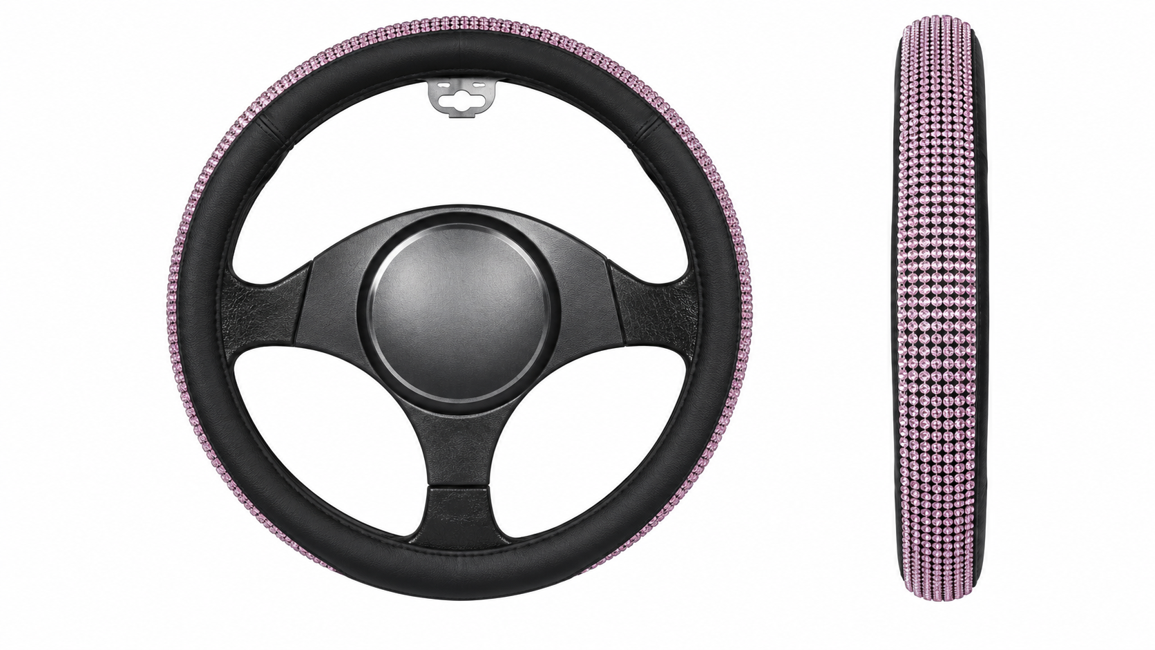 FUNDA DE VOLANTE 38CM VINIPIEL NEGRO/ROSA C/PUNTOS DIAMANTADOS