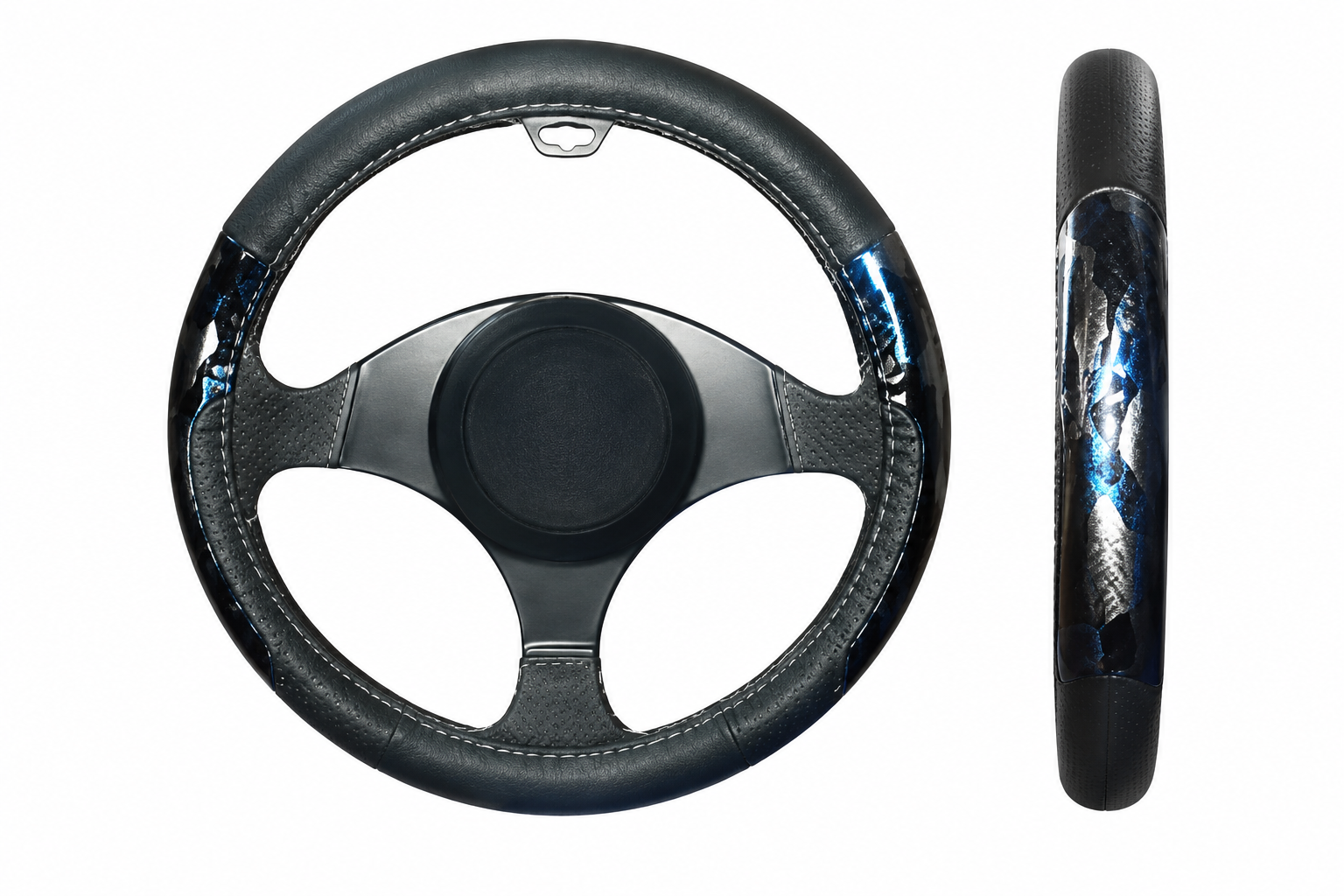 FUNDA DE VOLANTE 38CM VINIPIEL NEGRO C/MACHAS GIRIS/AZUL